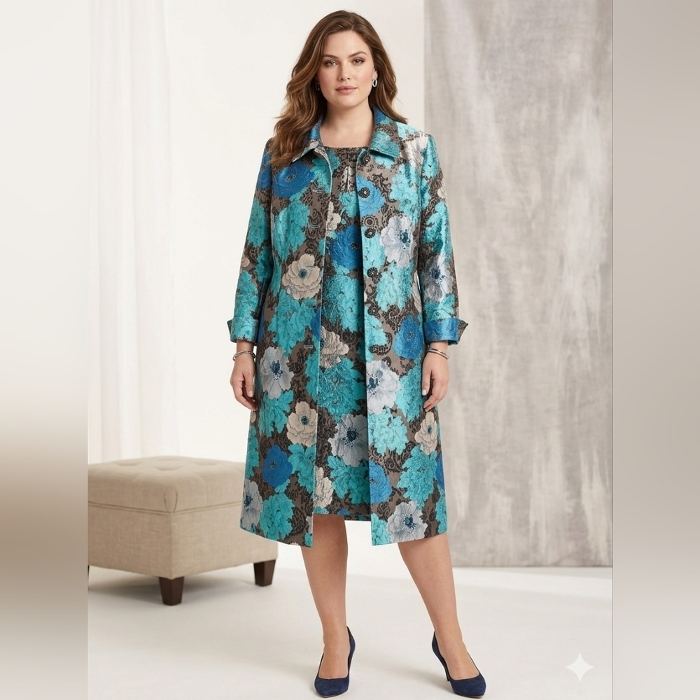 Doncaster Collection Blue Floral Jacquard Women’s Dress and Coat Set Size 16